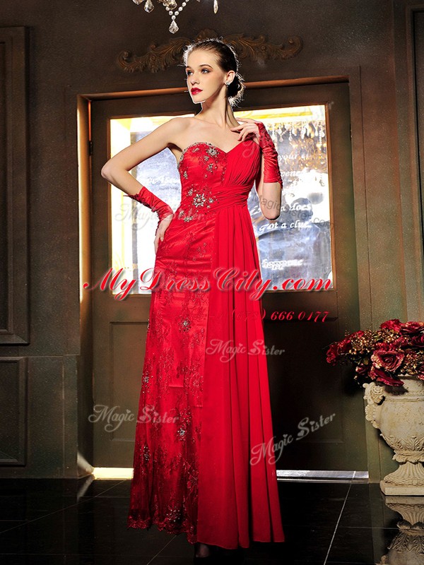 Low Price Floor Length Red Evening Dress Satin Sleeveless Beading and Ruching