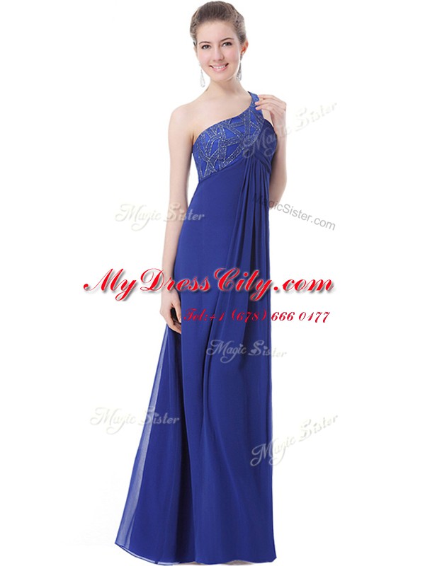 Blue Empire One Shoulder Sleeveless Chiffon Floor Length Criss Cross Beading Evening Dress