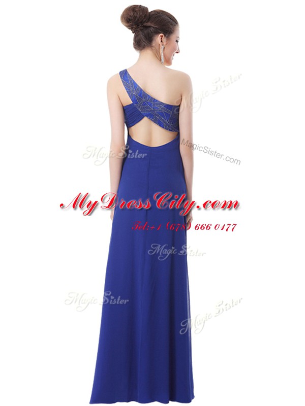 Blue Empire One Shoulder Sleeveless Chiffon Floor Length Criss Cross Beading Evening Dress