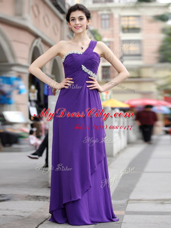 High Quality One Shoulder Purple Sleeveless Chiffon Zipper Prom Dress for Prom and Party