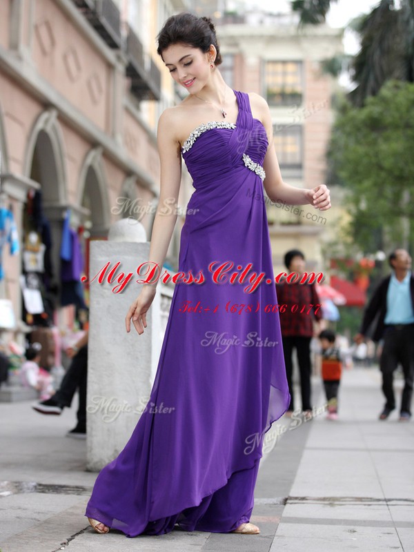 High Quality One Shoulder Purple Sleeveless Chiffon Zipper Prom Dress for Prom and Party