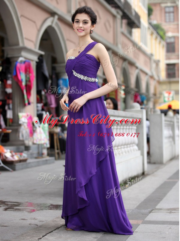 High Quality One Shoulder Purple Sleeveless Chiffon Zipper Prom Dress for Prom and Party