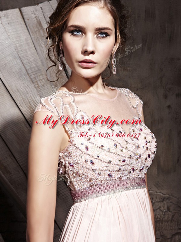 Scoop Floor Length Pink Chiffon Sleeveless Beading