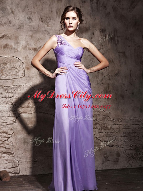 New Style One Shoulder Sleeveless Prom Dresses Floor Length Beading and Ruching Lavender Chiffon