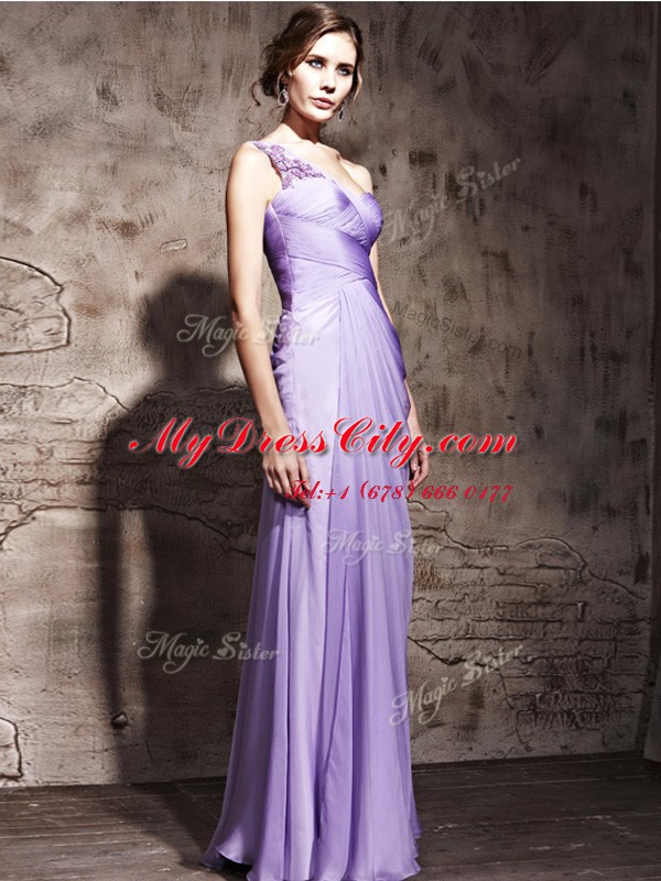 New Style One Shoulder Sleeveless Prom Dresses Floor Length Beading and Ruching Lavender Chiffon