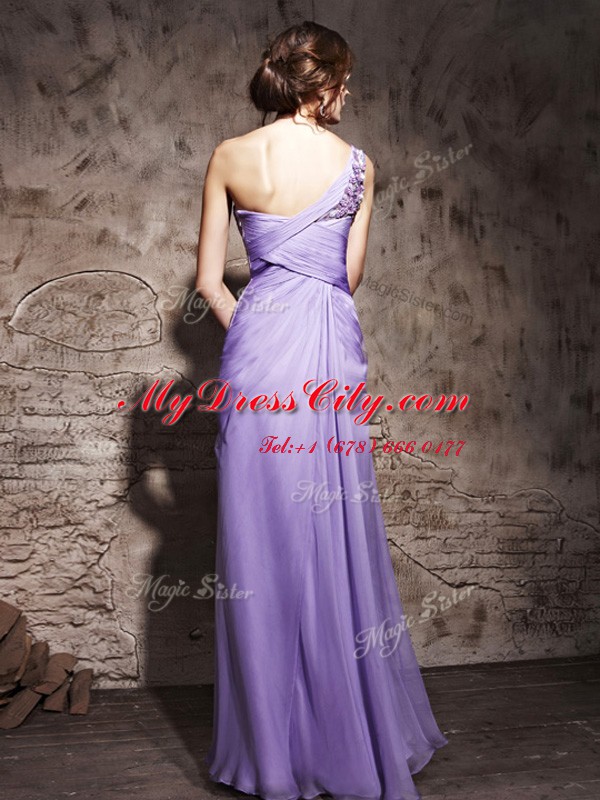 New Style One Shoulder Sleeveless Prom Dresses Floor Length Beading and Ruching Lavender Chiffon