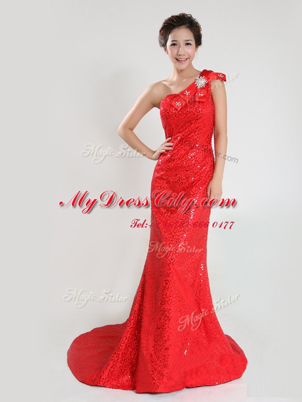 One Shoulder Coral Red Zipper Sequins and Bowknot Sleeveless Sweep Train