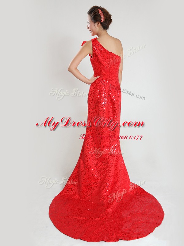 One Shoulder Coral Red Zipper Sequins and Bowknot Sleeveless Sweep Train