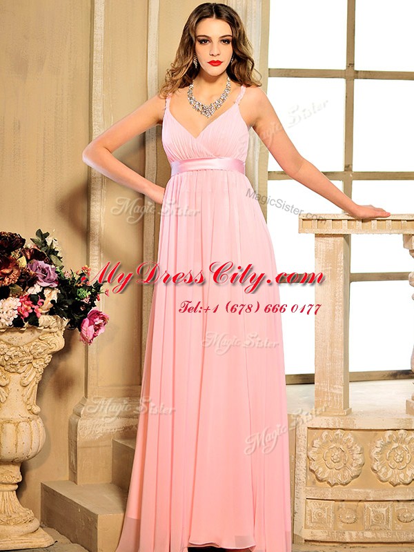 Baby Pink Prom Dresses Prom and Party and For with Ruching and Bowknot Spaghetti Straps Sleeveless Lace Up