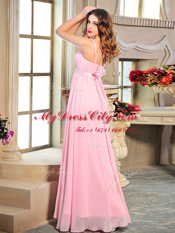 Baby Pink Prom Dresses Prom and Party and For with Ruching and Bowknot Spaghetti Straps Sleeveless Lace Up