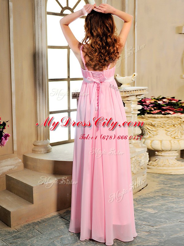 Baby Pink Prom Dresses Prom and Party and For with Ruching and Bowknot Spaghetti Straps Sleeveless Lace Up