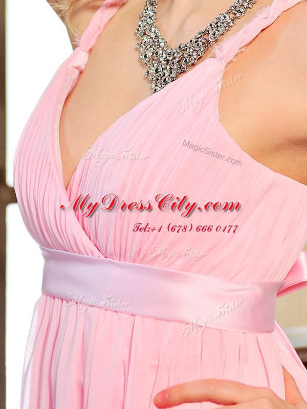 Baby Pink Prom Dresses Prom and Party and For with Ruching and Bowknot Spaghetti Straps Sleeveless Lace Up