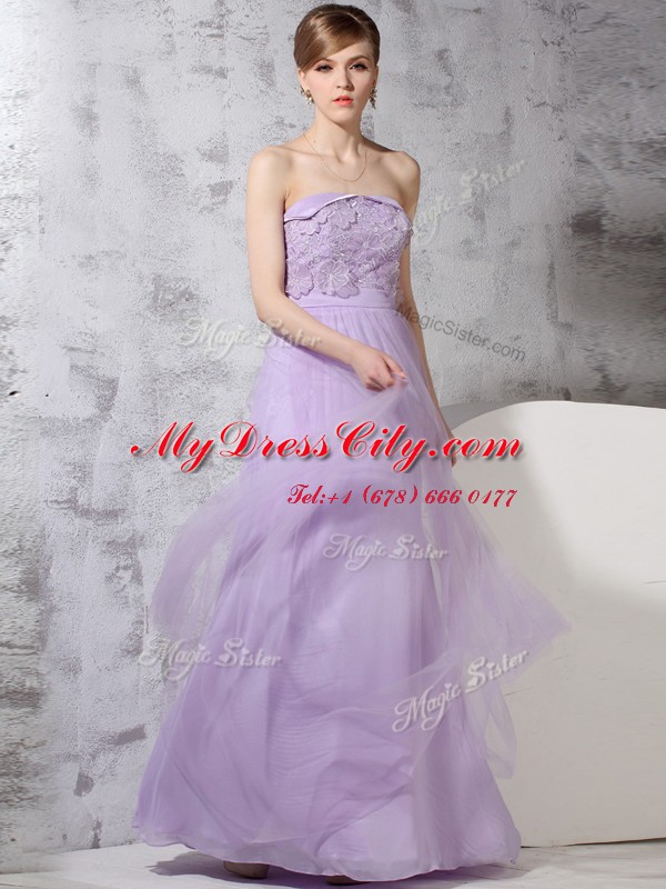 Custom Made Lavender Column/Sheath Strapless Sleeveless Tulle Floor Length Side Zipper Lace Prom Evening Gown