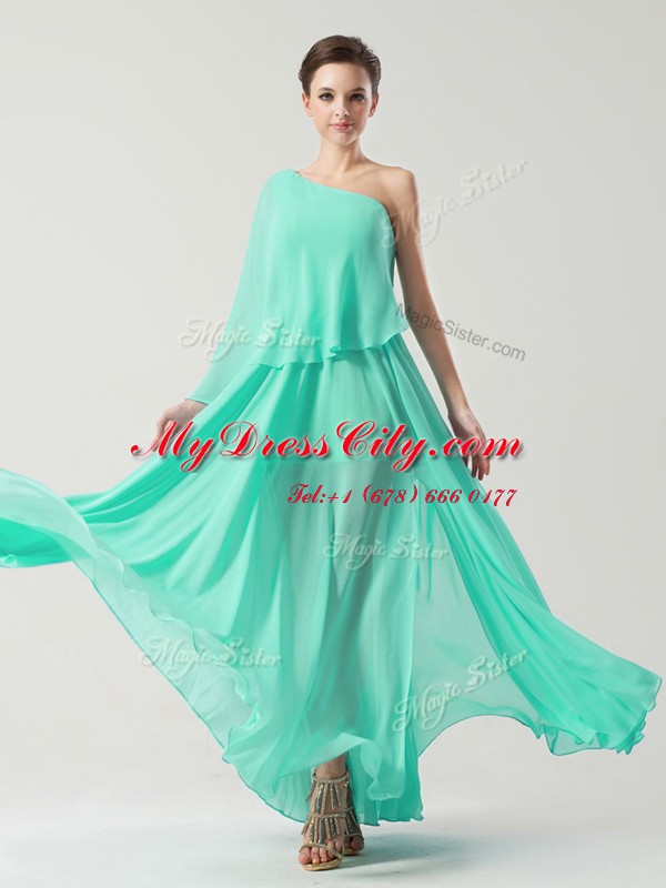 Fashion One Shoulder Ankle Length Column/Sheath Sleeveless Turquoise Prom Dress Side Zipper