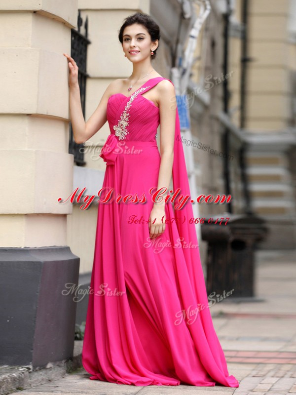 One Shoulder With Train Column/Sheath Sleeveless Hot Pink Prom Gown Brush Train Zipper