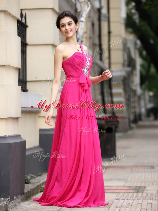 One Shoulder With Train Column/Sheath Sleeveless Hot Pink Prom Gown Brush Train Zipper