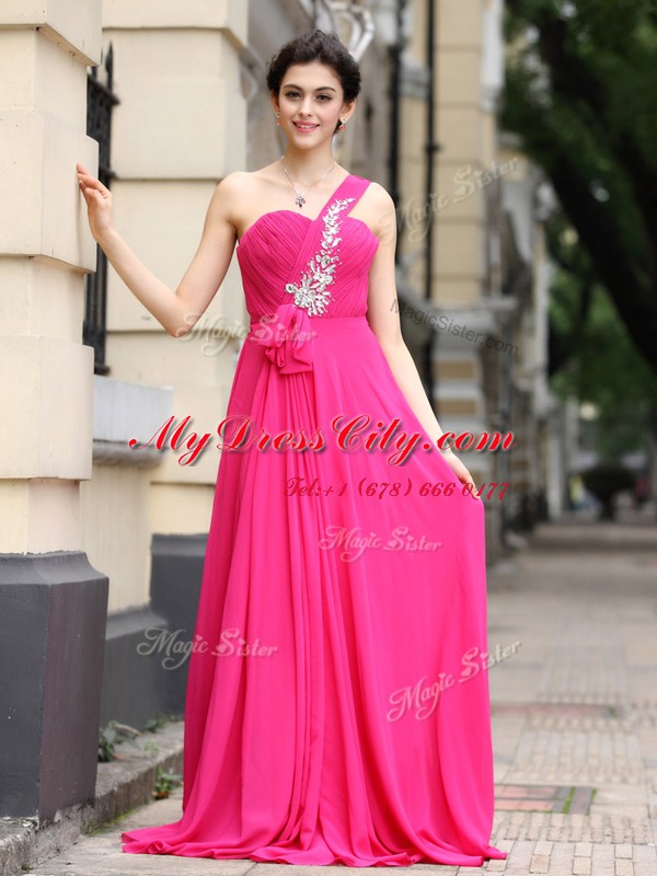 One Shoulder With Train Column/Sheath Sleeveless Hot Pink Prom Gown Brush Train Zipper