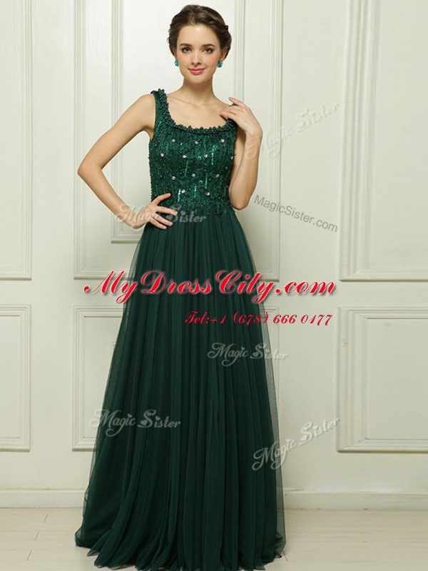 Discount Dark Green Tulle Zipper Dress for Prom Sleeveless With Train Sweep Train Beading