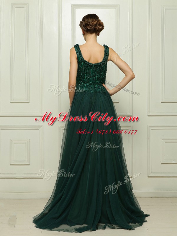 Discount Dark Green Tulle Zipper Dress for Prom Sleeveless With Train Sweep Train Beading