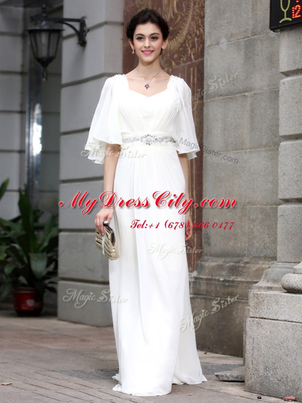 White Column/Sheath Beading Prom Dress Zipper Chiffon Half Sleeves Floor Length