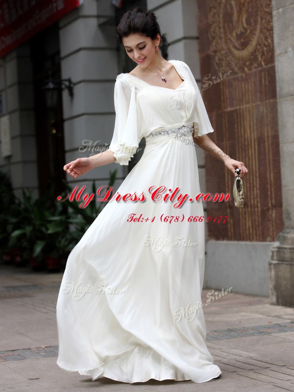 White Column/Sheath Beading Prom Dress Zipper Chiffon Half Sleeves Floor Length