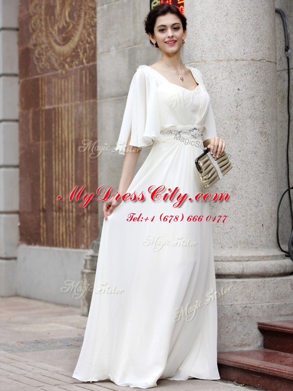 White Column/Sheath Beading Prom Dress Zipper Chiffon Half Sleeves Floor Length