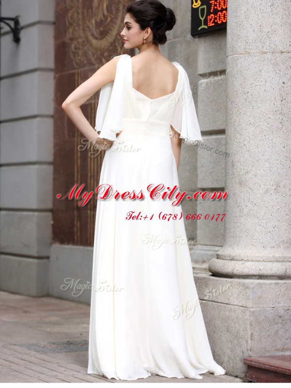 White Column/Sheath Beading Prom Dress Zipper Chiffon Half Sleeves Floor Length