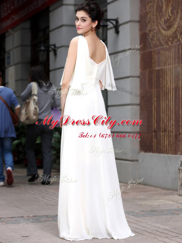 White Column/Sheath Beading Prom Dress Zipper Chiffon Half Sleeves Floor Length