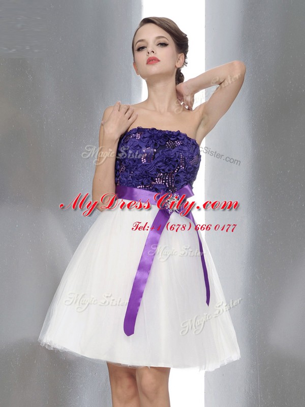 White And Purple Zipper Strapless Beading and Sashes ribbons Chiffon Sleeveless