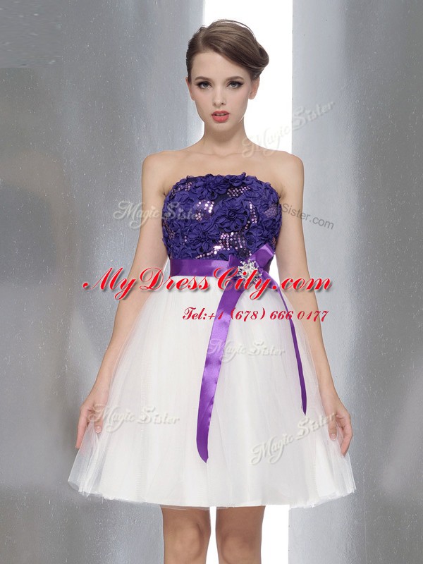 White And Purple Zipper Strapless Beading and Sashes ribbons Chiffon Sleeveless