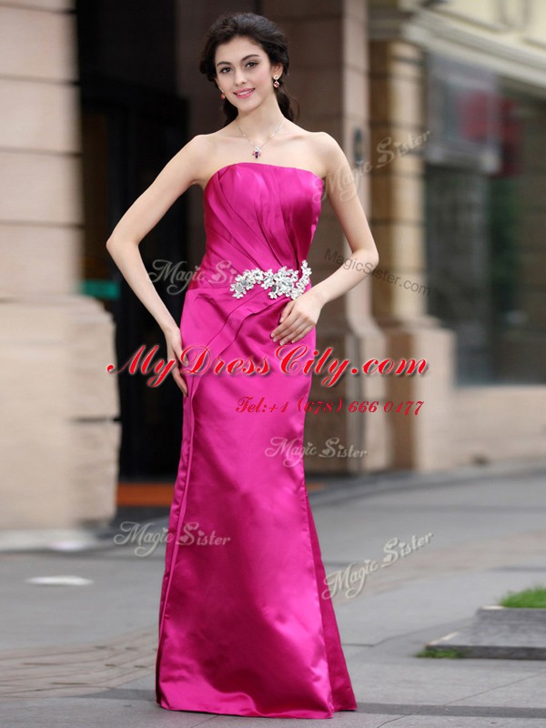 Floor Length Hot Pink Dress for Prom Satin Sleeveless Beading