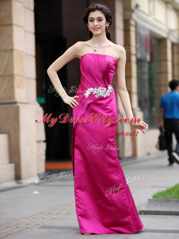 Floor Length Hot Pink Dress for Prom Satin Sleeveless Beading