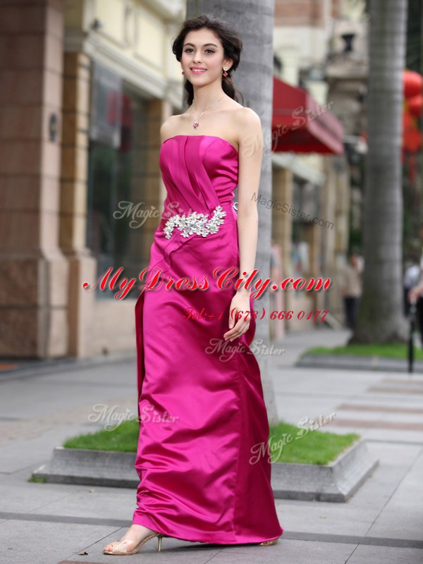 Floor Length Hot Pink Dress for Prom Satin Sleeveless Beading