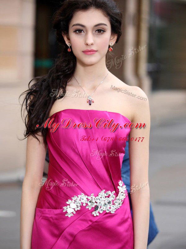 Floor Length Hot Pink Dress for Prom Satin Sleeveless Beading