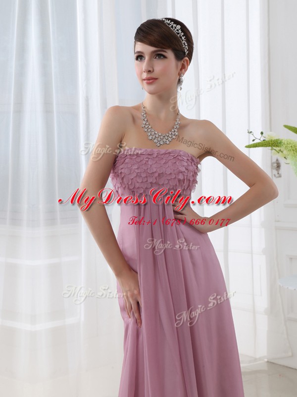 Decent Lilac Empire Strapless Sleeveless Chiffon Floor Length Zipper Hand Made Flower Evening Dress