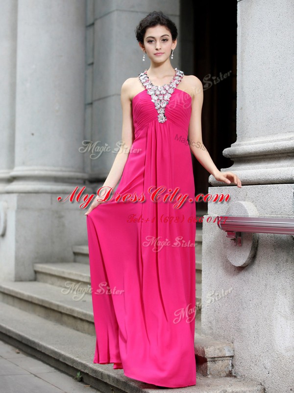 Best Strapless Sleeveless Floor Length Beading and Ruching Hot Pink Chiffon