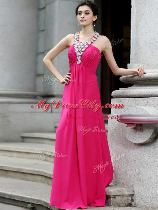 Best Strapless Sleeveless Floor Length Beading and Ruching Hot Pink Chiffon