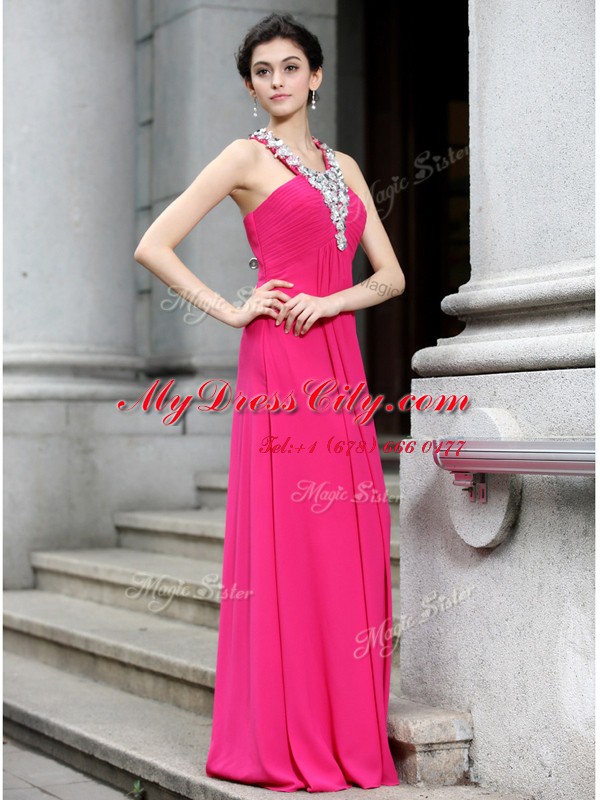 Best Strapless Sleeveless Floor Length Beading and Ruching Hot Pink Chiffon