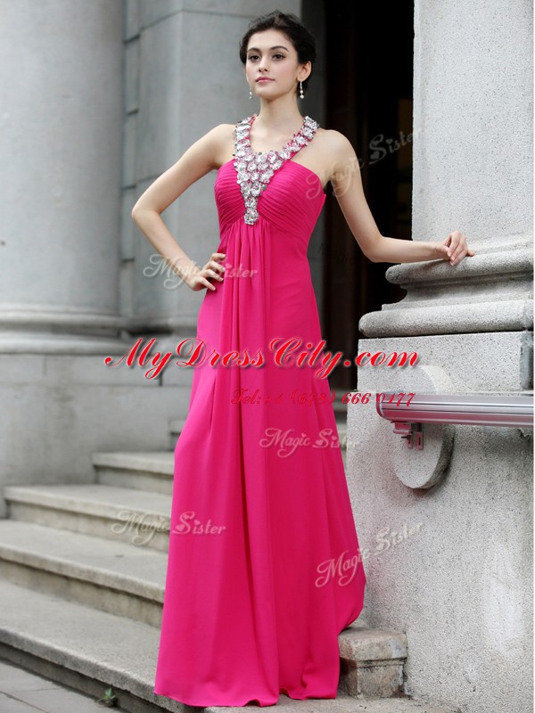 Best Strapless Sleeveless Floor Length Beading and Ruching Hot Pink Chiffon