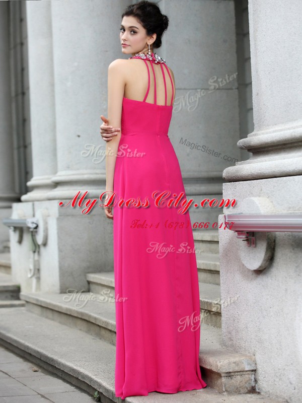 Best Strapless Sleeveless Floor Length Beading and Ruching Hot Pink Chiffon