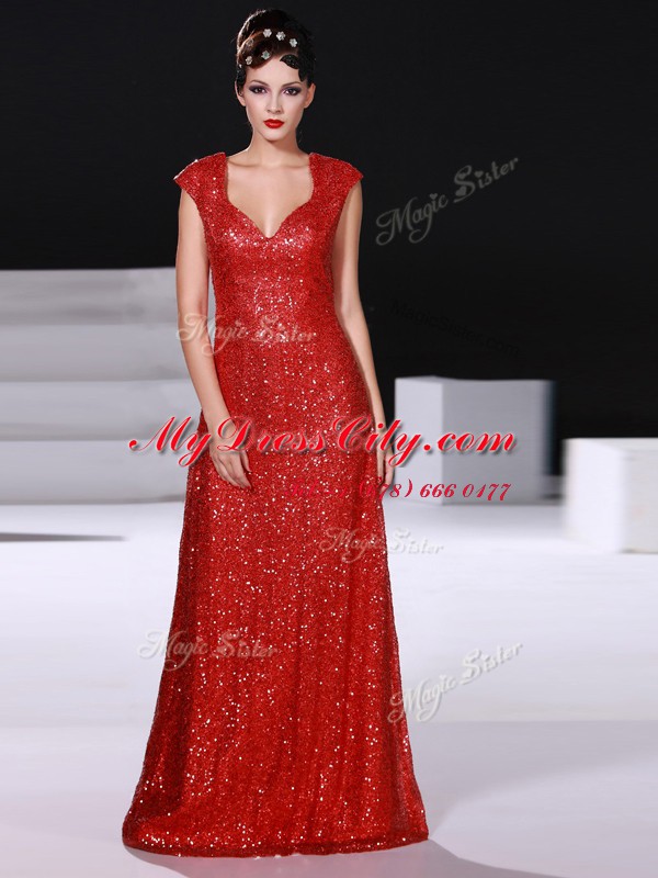 Discount Sequins V-neck Sleeveless Zipper Prom Evening Gown Red Sequined