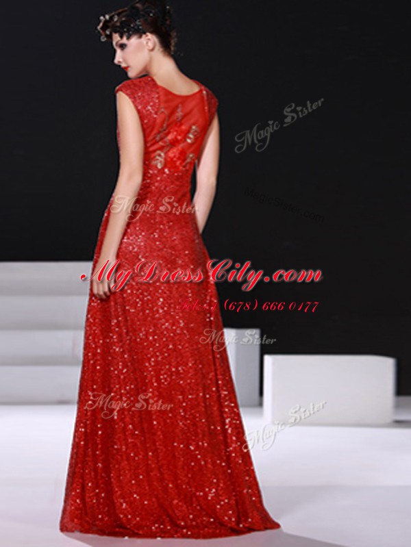 Discount Sequins V-neck Sleeveless Zipper Prom Evening Gown Red Sequined