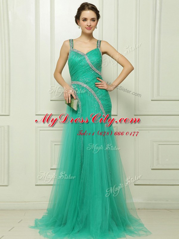 Beading and Ruching Dress for Prom Turquoise Side Zipper Sleeveless With Brush Train