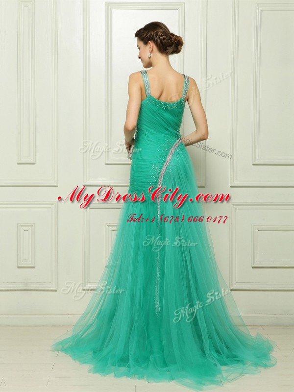 Beading and Ruching Dress for Prom Turquoise Side Zipper Sleeveless With Brush Train