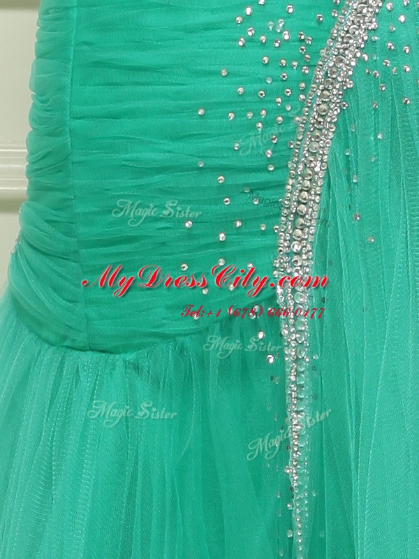 Beading and Ruching Dress for Prom Turquoise Side Zipper Sleeveless With Brush Train