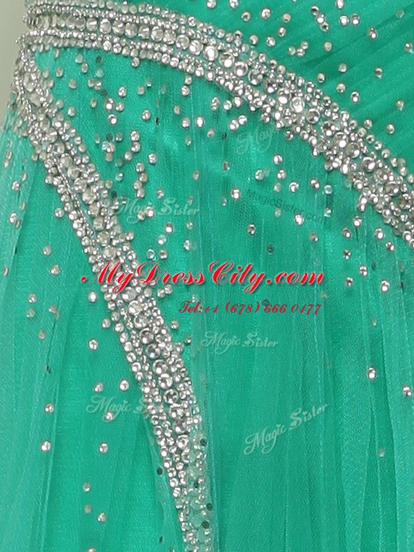 Beading and Ruching Dress for Prom Turquoise Side Zipper Sleeveless With Brush Train