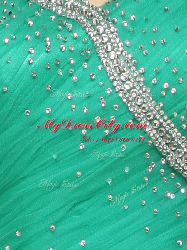 Beading and Ruching Dress for Prom Turquoise Side Zipper Sleeveless With Brush Train