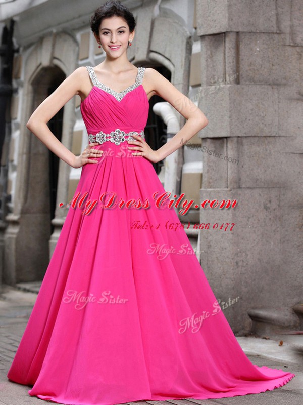 Sleeveless Brush Train Beading Zipper Evening Dress