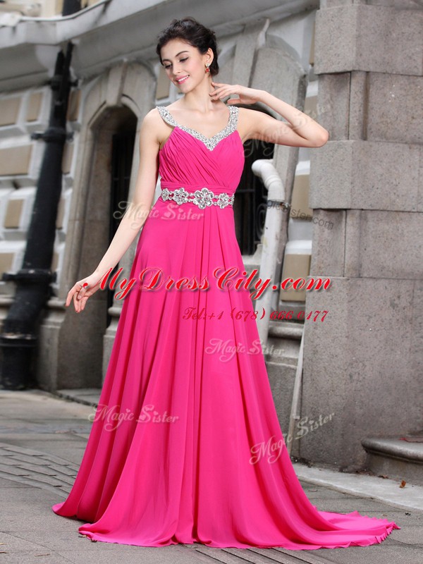 Sleeveless Brush Train Beading Zipper Evening Dress