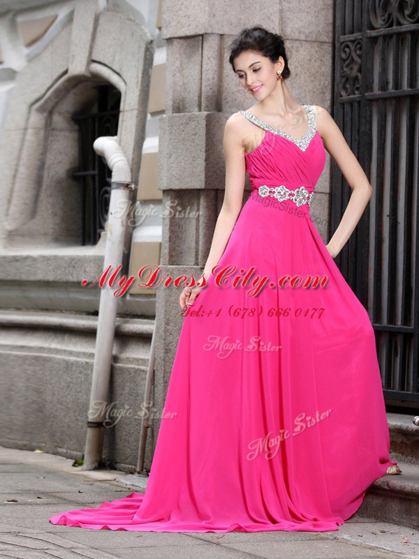 Sleeveless Brush Train Beading Zipper Evening Dress